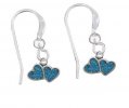 Double Heart Blue Turquoise Inlay 3D Dangle French Wire Earrings