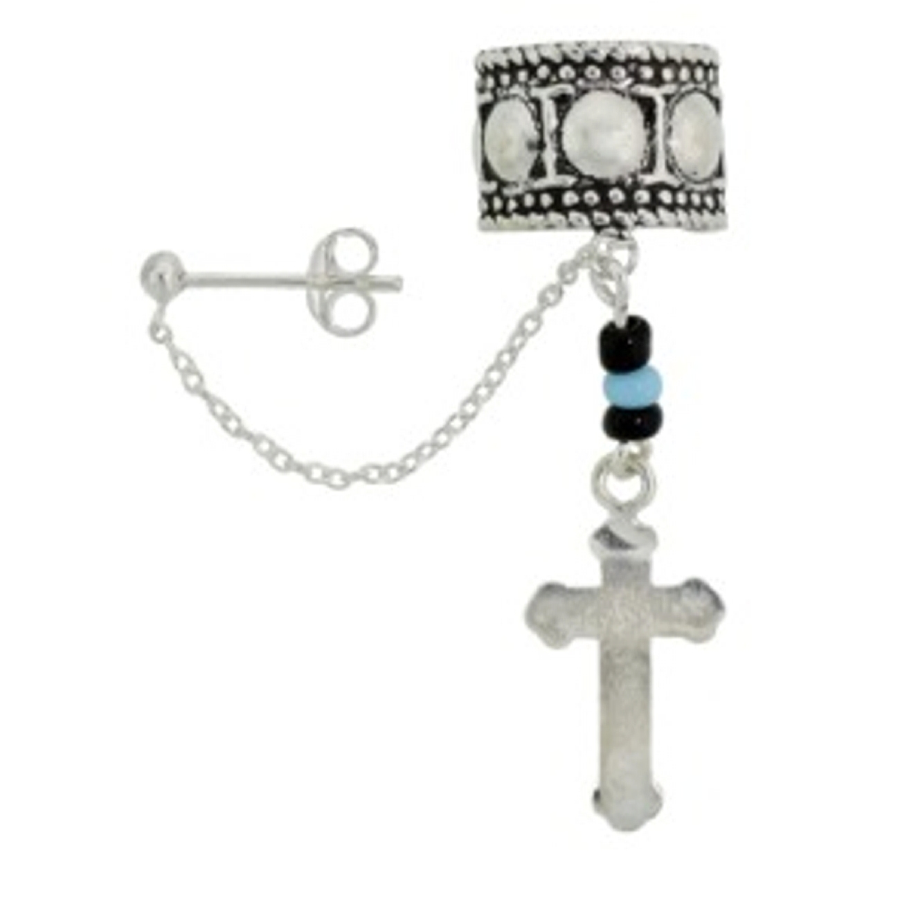 Detailed Circle Band Cross Dangle With Slave Chain To Post Earring Detailed Circle Band Cross Dangle With Slave Chain To Post Earring
