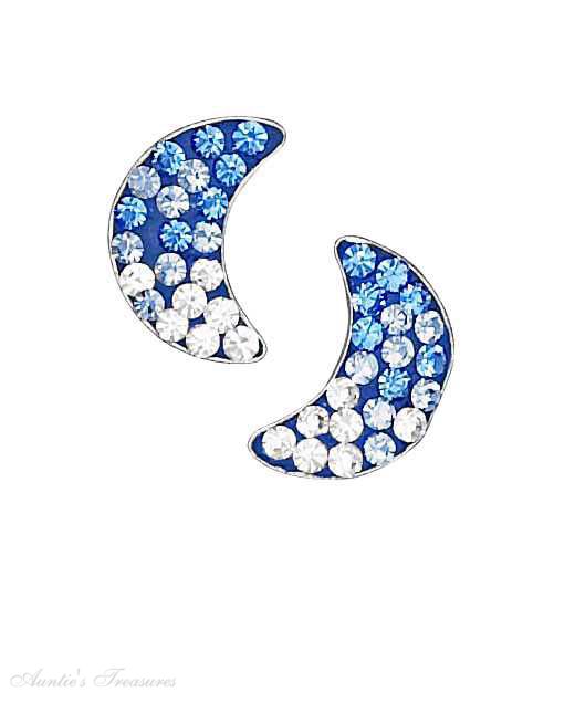 Blue White Crystal Moon Post Earrings