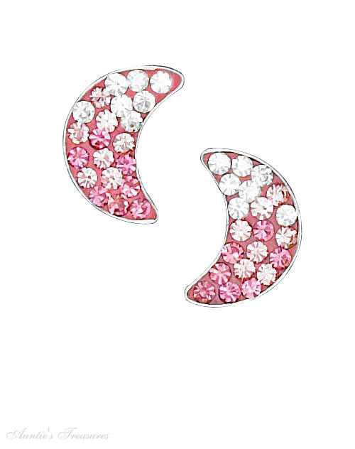 Pink White Crystal Moon Post Earrings