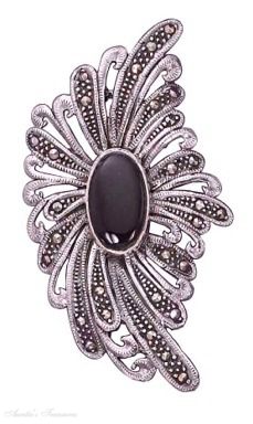 Black Onyx Marcasite Flower Brooch Pin