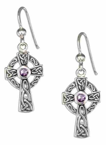 1/2" Antiqued Celtic Knot Cross Dangle Earrings 3mm Round Purple