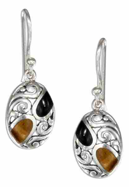 Filigree Earrings Black Onyx Tigereye Inlay Filigree Earrings Black Onyx Tigereye Inlay