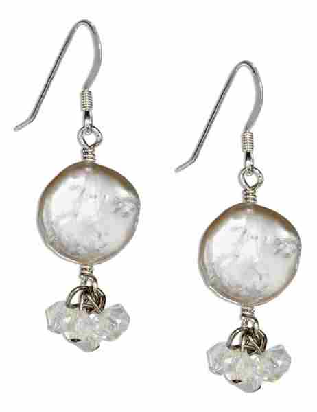 White Freshwater Coin Pearl Earrings Clear Crystal Dangles