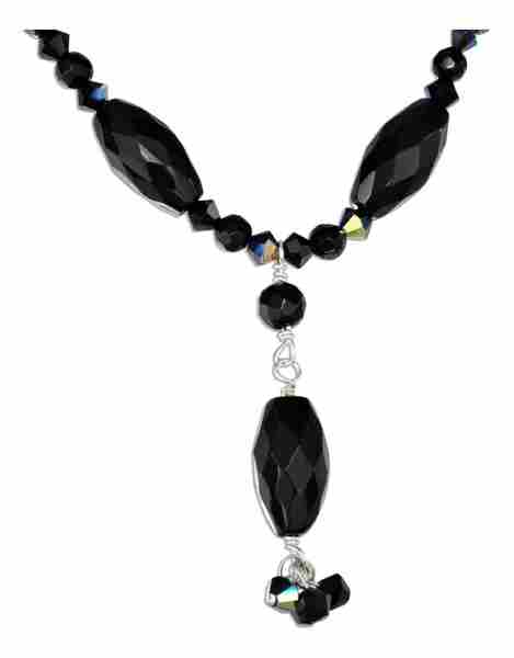 Crystal Black Onyx Lariat Tassel Choker Necklace