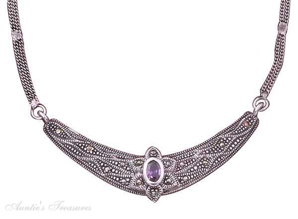 Oxidized Double Curb Necklace Marcasite Crescent Purple Oxidized Double Curb Necklace Marcasite Crescent Purple