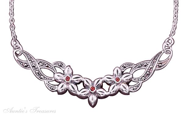 Red Cubic Zirconia Marcasite Flower Necklace