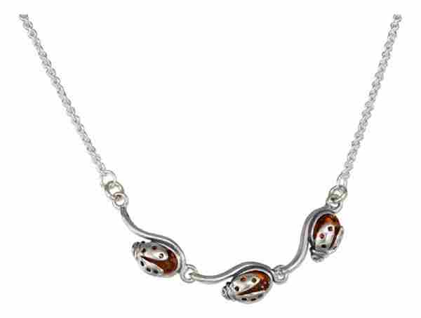 Triple Honey Cognac Amber Ladybug Necklace On Cable Chain Neckla Triple Honey Cognac Amber Ladybug Necklace On Cable Chain Neckla