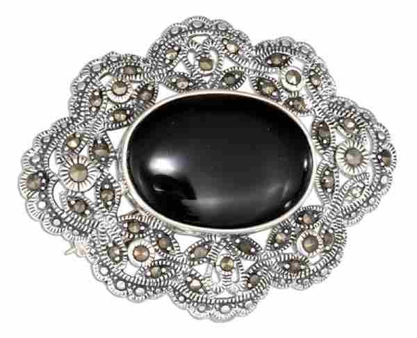 Black Onyx Marcasite Brooch Pin Black Onyx Marcasite Brooch Pin