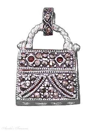 Marcasite Purse Charm Garnet Plain Filigree Back