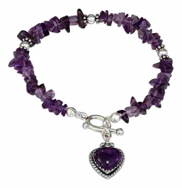 Amethyst Chips Bali Beads Amethyst Heart Dangle Toggle Bracelet Amethyst Chips Bali Beads Amethyst Heart Dangle Toggle Bracelet