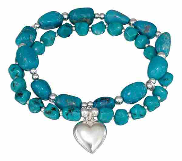 Turquoise Stone Nugget Stretch Bracelet Heart Charm