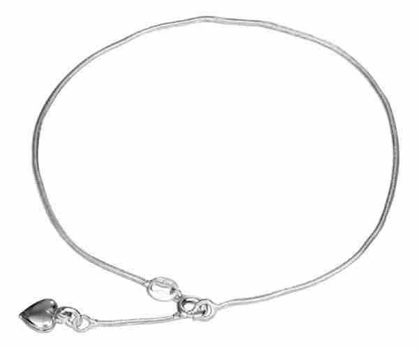 9" 1mm Snake Chain Anklet Ankle Bracelet 7mm Puffed Heart Tail D 9" 1mm Snake Chain Anklet Ankle Bracelet 7mm Puffed Heart Tail D