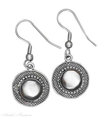 Round Gray Shell Fine Beaded Border Earrings