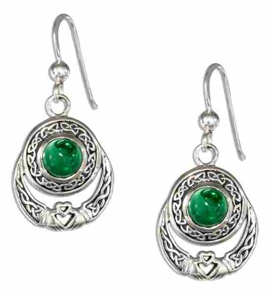 Antiqued Celtic Claddagh Dangle Earrings Round Green Glass Stone