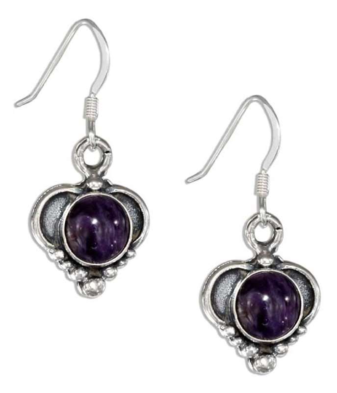 Beaded Bottom Heart Earrings 8MM Round Charoite Stone Beaded Bottom Heart Earrings 8MM Round Charoite Stone