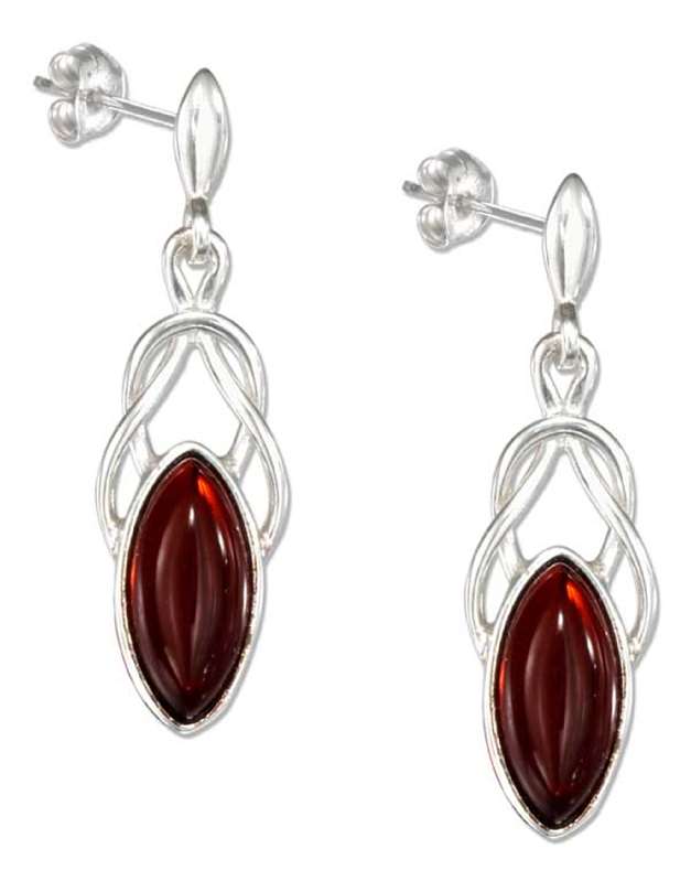 Cherry Red Amber Marquise Post Drop Earrings Celtic Knots
