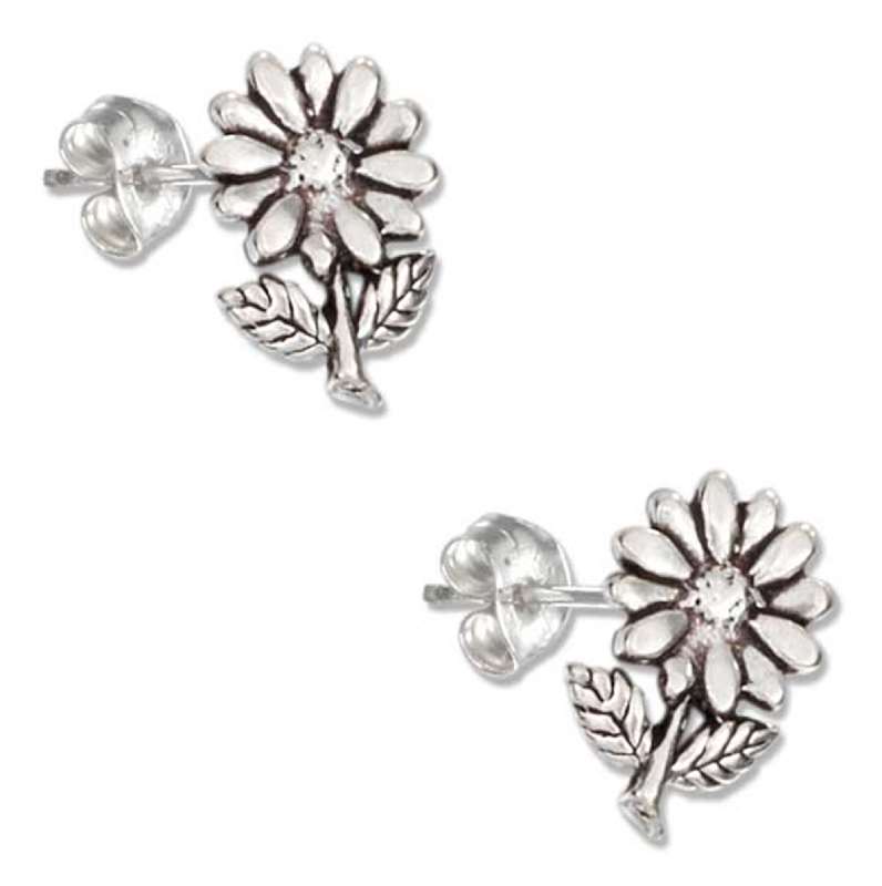 Daisy Flower, Leaves And Stem Post Earrings