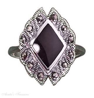 Diamond Shape Black Onyx Ring Marcasite Border Diamond Shape Black Onyx Ring Marcasite Border
