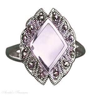 Diamond Shape Mother Of Pearl Ring Marcasite Border Diamond Shape Mother Of Pearl Ring Marcasite Border