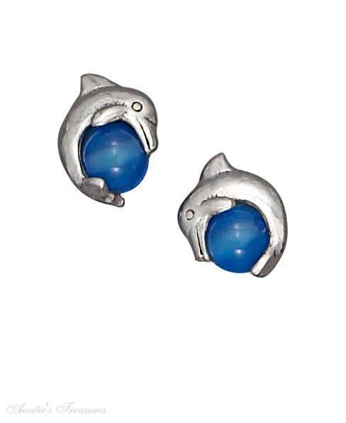Dolphin Post Earrings Blue Agate Stone