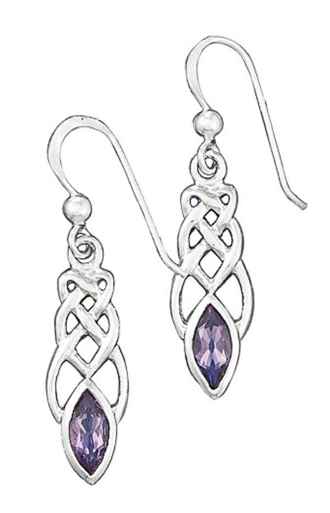 Elongated Celtic Knot Dangle Earrings With Amethyst Elongated Celtic Knot Dangle Earrings With Amethyst