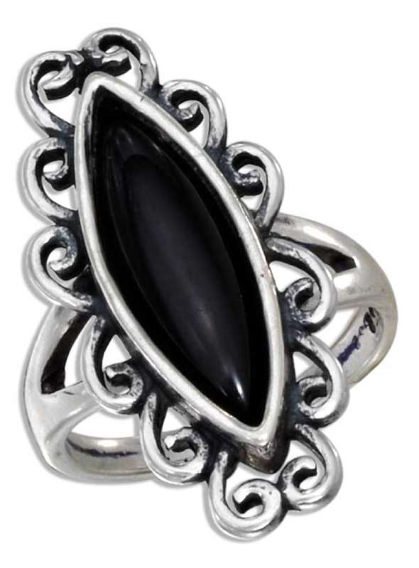 Elongated Marquise Black Onyx Scroll Cocktail Ring