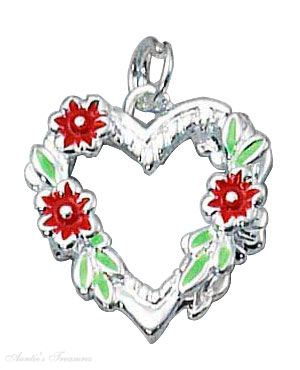 Red Flowers Green Leaves On Enamel Heart Charm