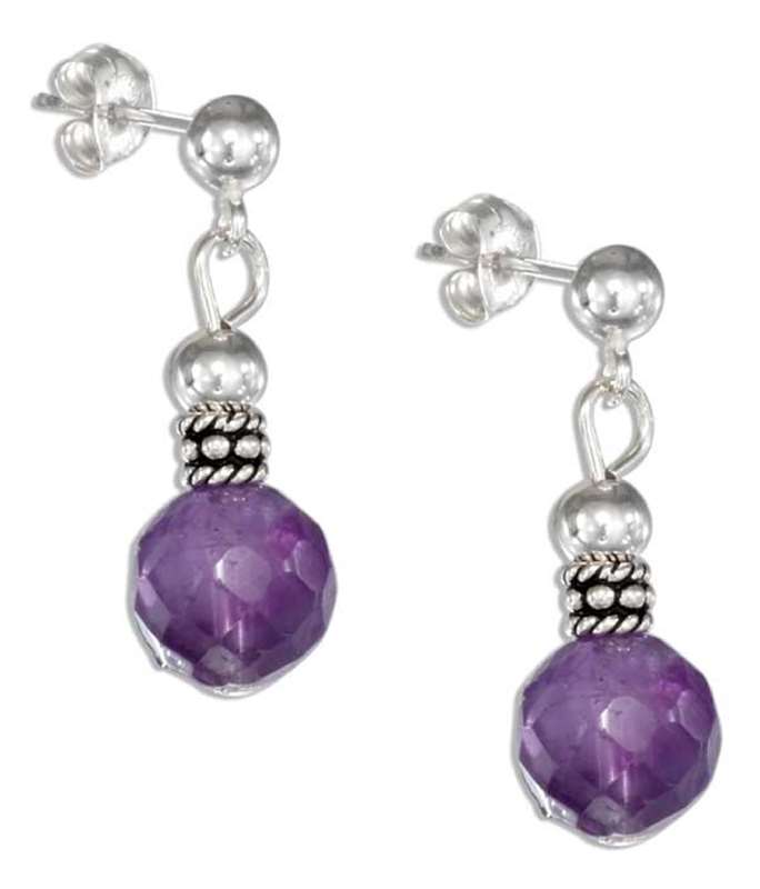 Faceted Amethyst Drop Post Earrings Silver Bali Beads Faceted Amethyst Drop Post Earrings Silver Bali Beads