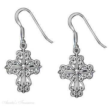 Flat Filigree Christian Religious Cross Dangle Earrings Flat Filigree Christian Religious Cross Dangle Earrings