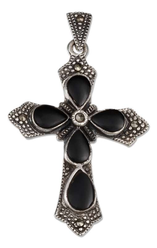 Marcasite Black Onyx Christian Religious Cross Pendant