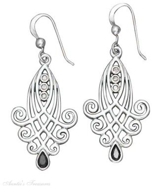 Fancy Scroll Earrings Diamond Chips Sapphire Tear
