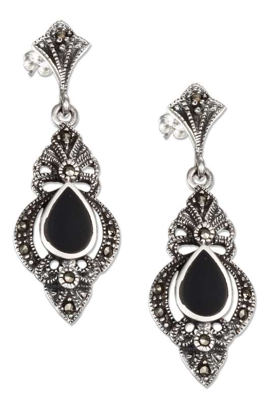 Victorian Marcasite Black Onyx Post Dangle Earrings Victorian Marcasite Black Onyx Post Dangle Earrings