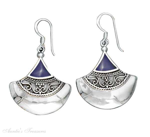 Fanned Bali Triangle Lapis Inlay Earrings Fanned Bali Triangle Lapis Inlay Earrings