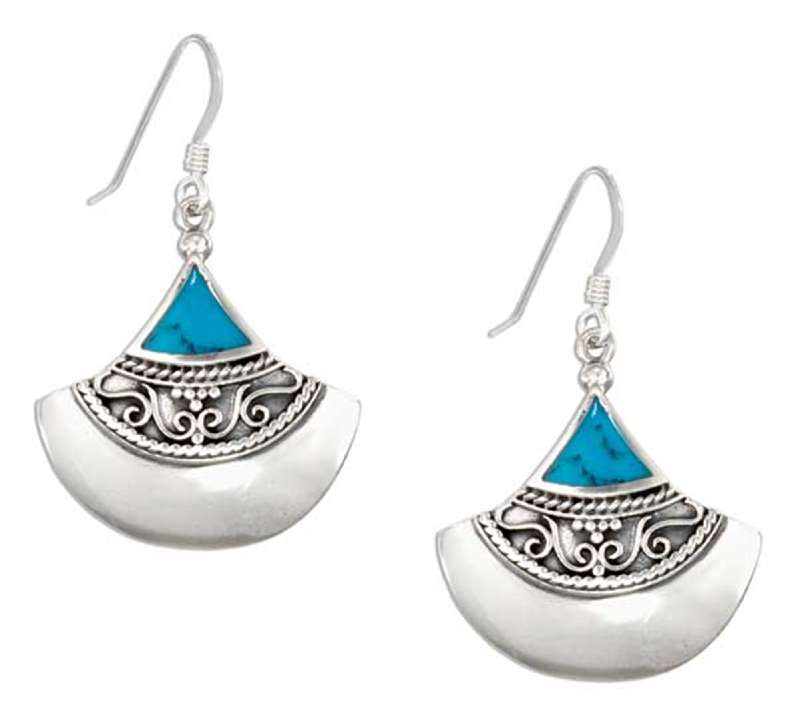 Fanned Bali Triangle Turquoise Inlay Earrings Fanned Bali Triangle Turquoise Inlay Earrings