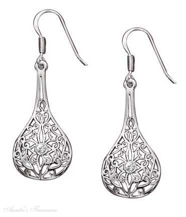 Filigree Elongated Teardrop Cubic Zirconia Dangle Earrings