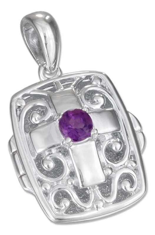 Filigree Locket Pendant Christian Religious Cross Amethyst