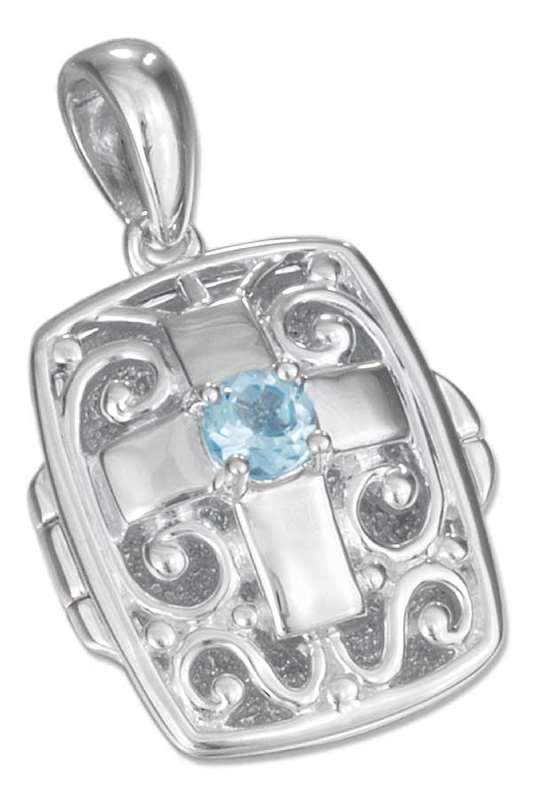 Filigree Locket Pendant Christian Religious Cross Blue Topaz