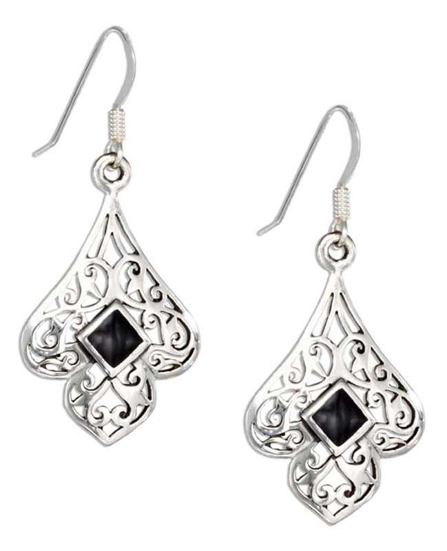 Filigree Scallop Design Black Onyx Dangle Earrings