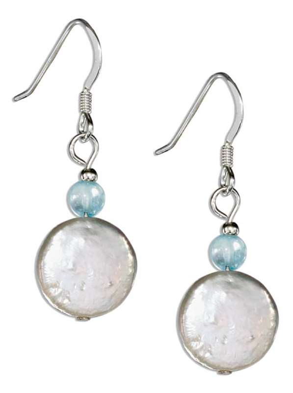 Flat Freshwater Coin Pearl Blue Topaz Bead Dangle Earrings