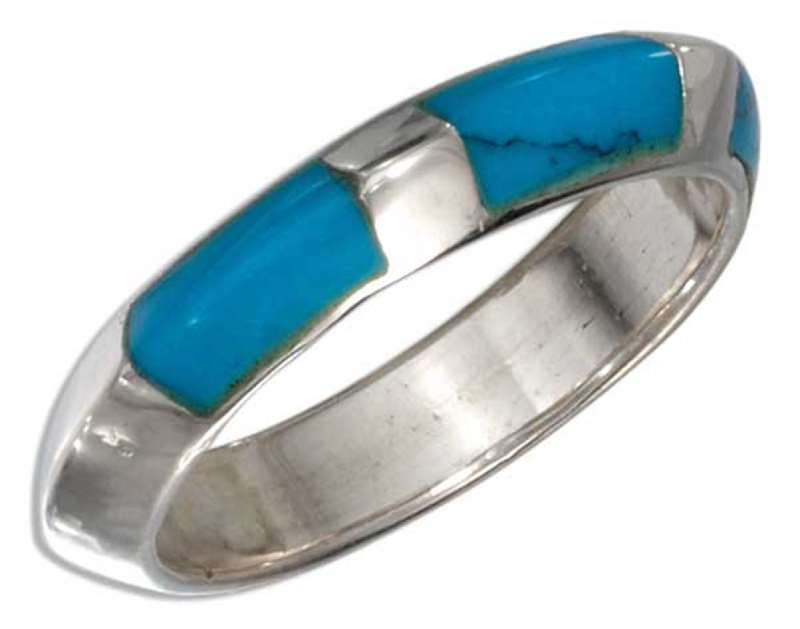 Flattened Puffed Ring Three Inlay Turquoise Stones Ring - Click Image to Close