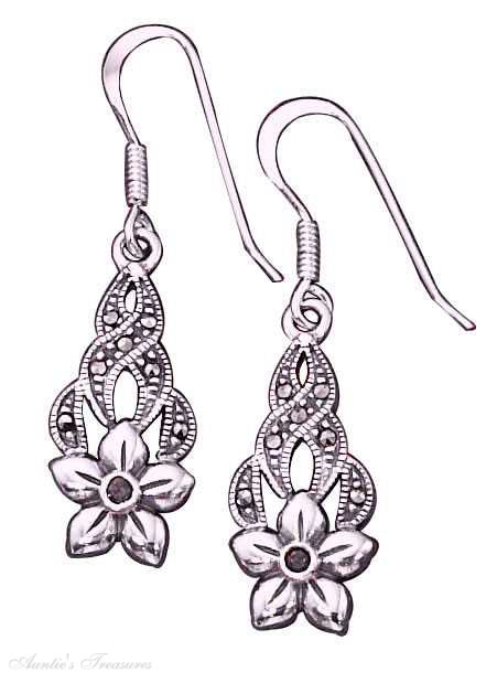 Red Cubic Zirconia Marcasite Flower Dangle Earrings