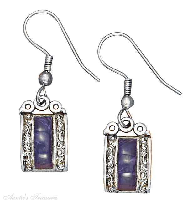 Earrings Charoite Bar Scrolled Sides