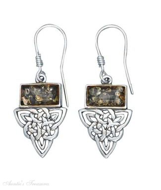Green Amber Rectangle Celtic Design Earrings