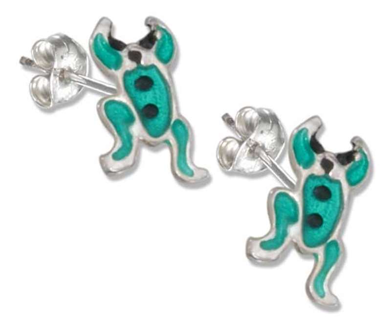 Green Enamel Jumping Frog Post Earrings - Click Image to Close