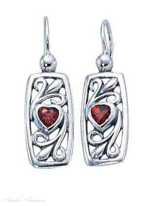 Heart Garnet Filigree Dangle Earrings