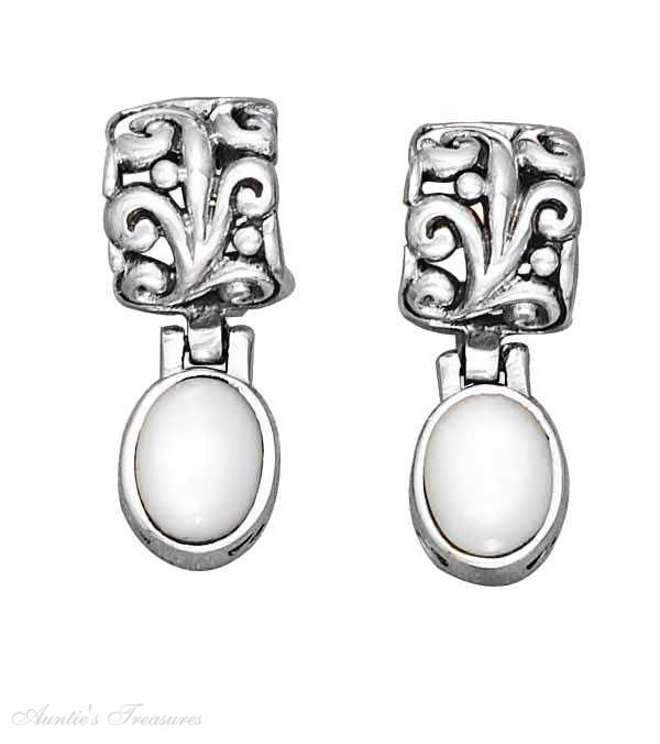 Hinged Filigree Post Earrings 9MM Oval Mother Of Pearl Dangle