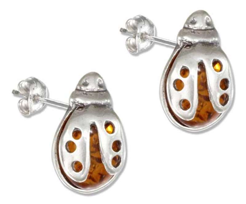 Honey Cognac Amber Ladybug Post Earrings - Click Image to Close