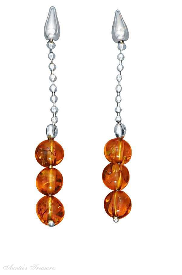 Honey Cognac Amber Round Bead Post Dangle Earrings