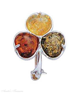 Amber Shamrock Three Leaf Clover Brooch Pin